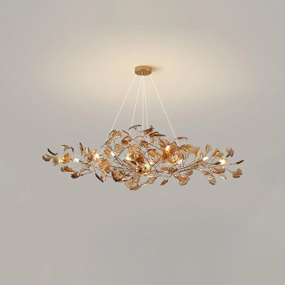 Studio Display of Illuminated Modern Amber Ginkgo Leaf Chandelier