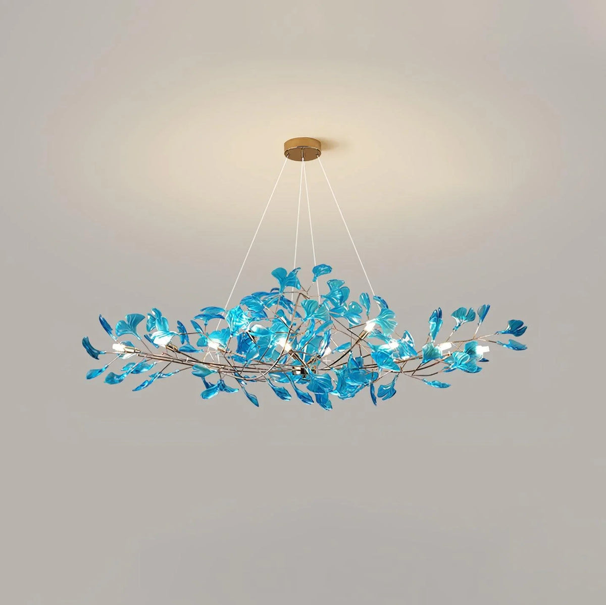 Side View of Illuminated Modern Blue Ginkgo Leaf Chandelier