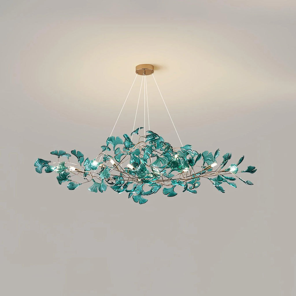 Angled View of Illuminated Modern Teal Ginkgo Leaf Chandelier