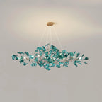 Angled View of Illuminated Modern Teal Ginkgo Leaf Chandelier
