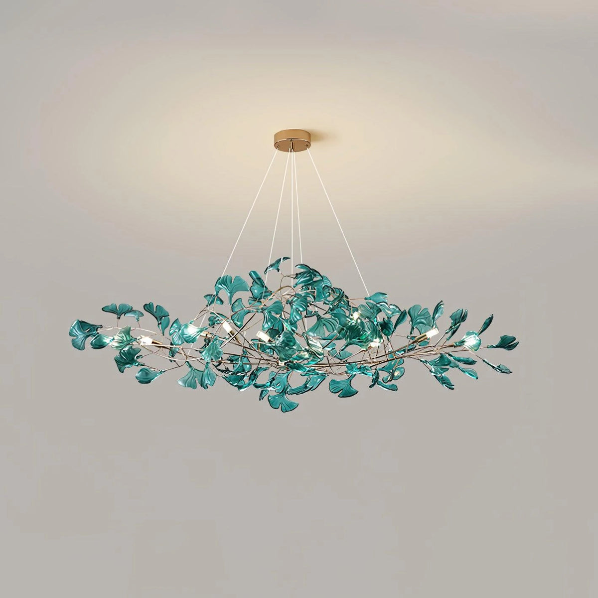 Angled View of Illuminated Modern Teal Ginkgo Leaf Chandelier