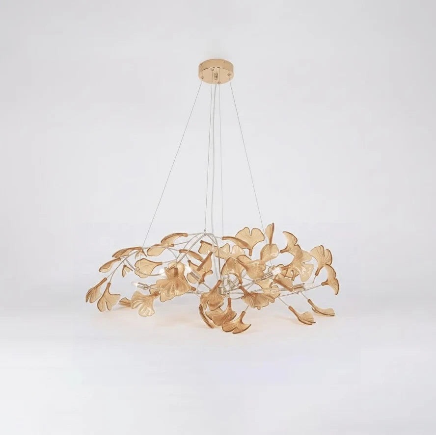 Bottom Up View of Illuminated Modern Amber Ginkgo Leaf Chandelier
