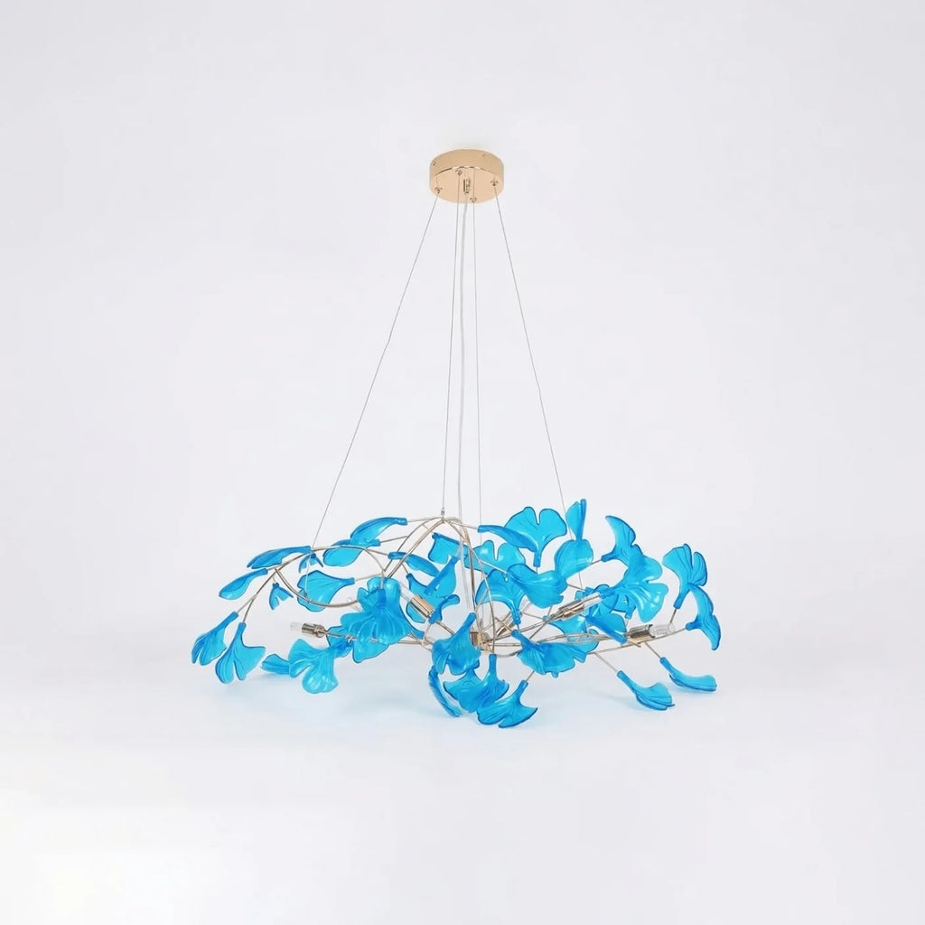 Illuminated Modern Blue Round Gold Branch Chandelier Studio Display