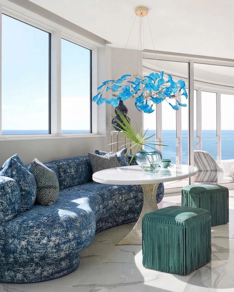 Modern Blue Ginkgo Leaf Chandelier in Waterfront Living Room