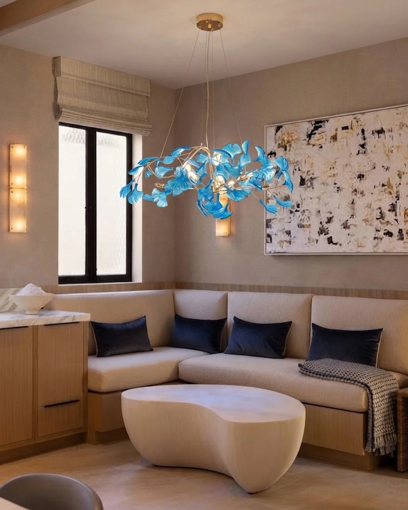 Modern Blue Ginkgo Leaf Chandelier in Contemporary Living Space