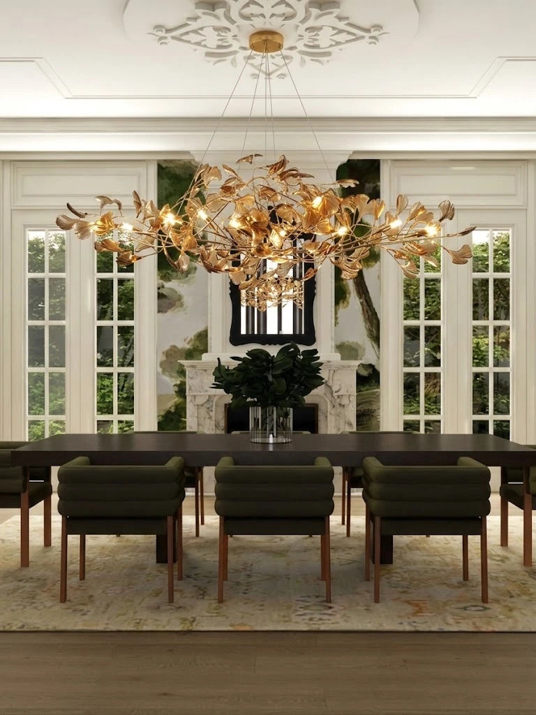 Modern Blue Art Glass Chandelier Over Dining Room Table