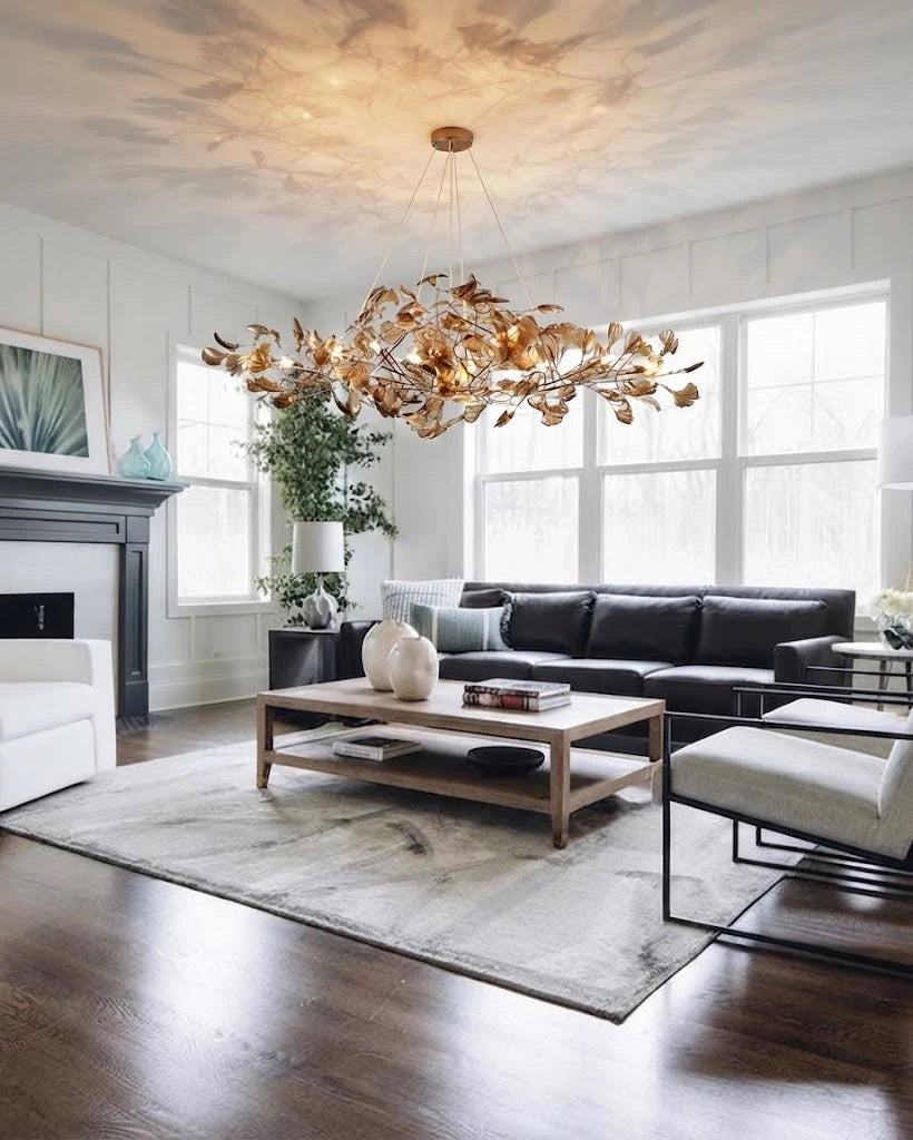 Modern Gold Branch Chandelier in Vaulted Living Room Setting