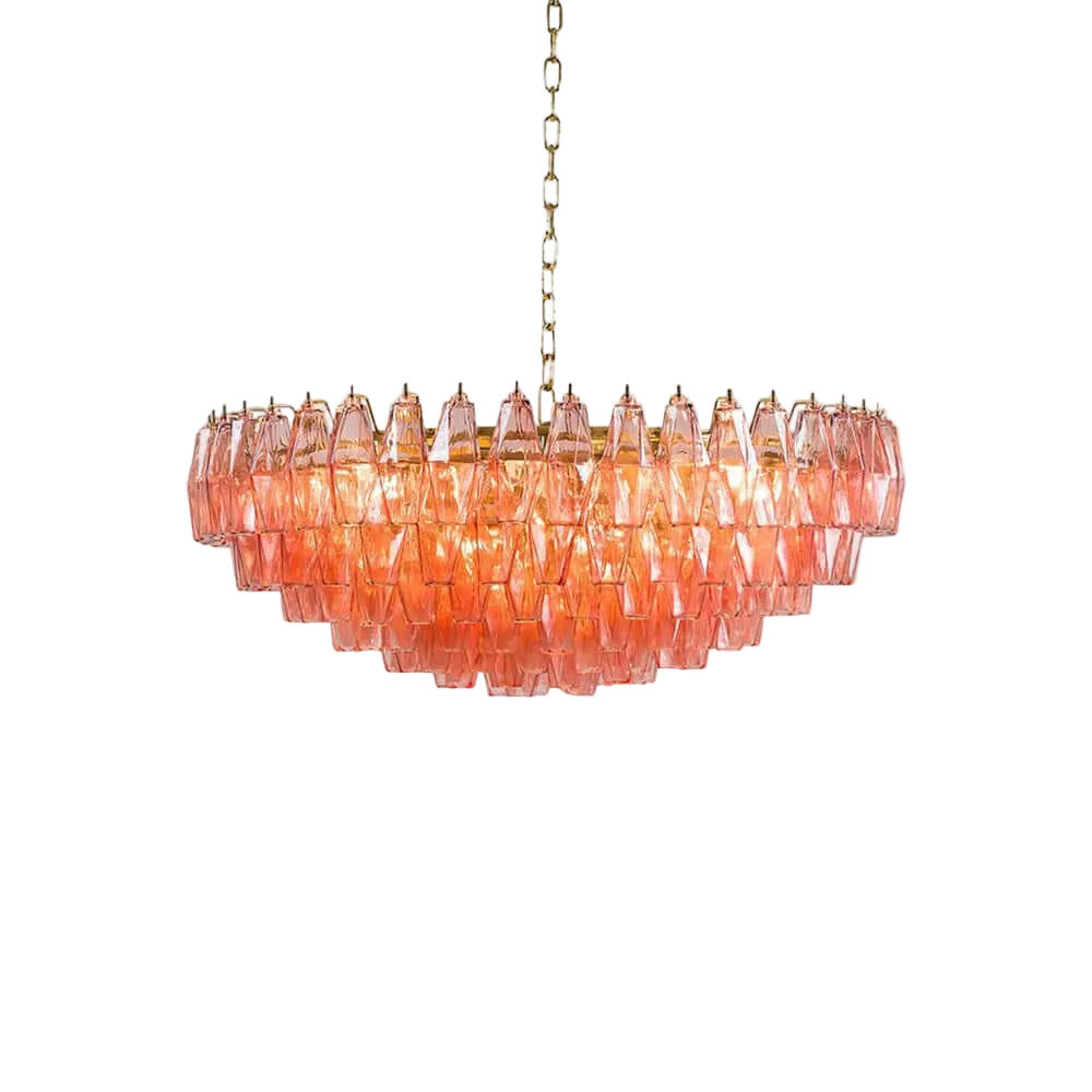 Modern Cascading Pink-Orange Gradient Faceted Art Glass Chandelier with Chain on Pure White Background