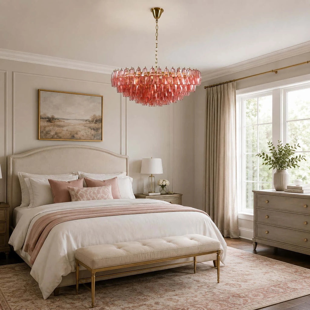 Modern Pink-Orange Art Glass Chandelier in Bedroom Interior