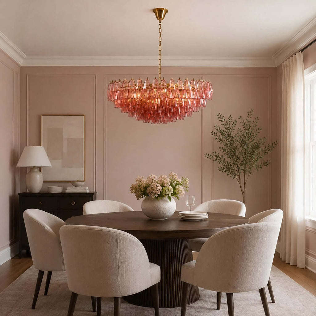 Modern Cascading Art Glass Chandelier Over Round Dining Table