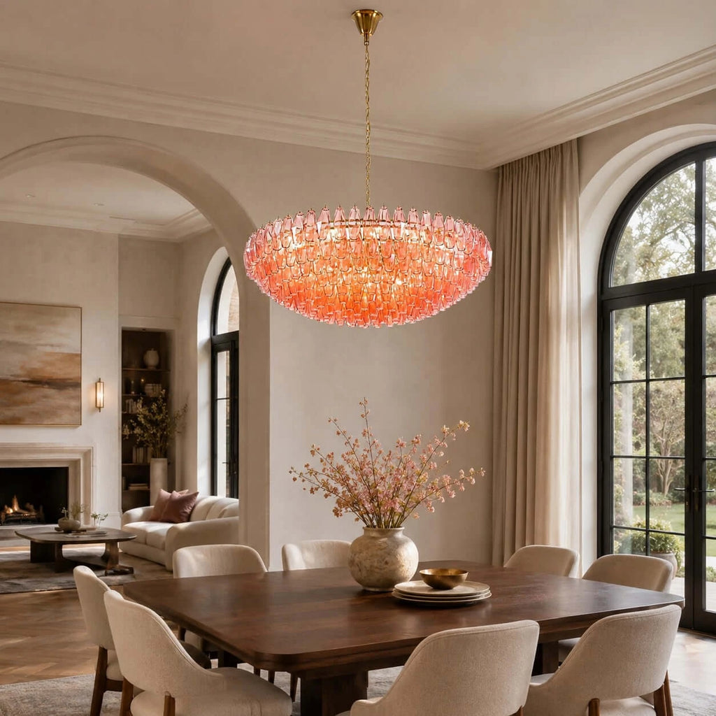Modern Pink-Orange Faceted Glass Chandelier in Dining Area