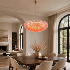 Modern Pink-Orange Faceted Glass Chandelier in Dining Area