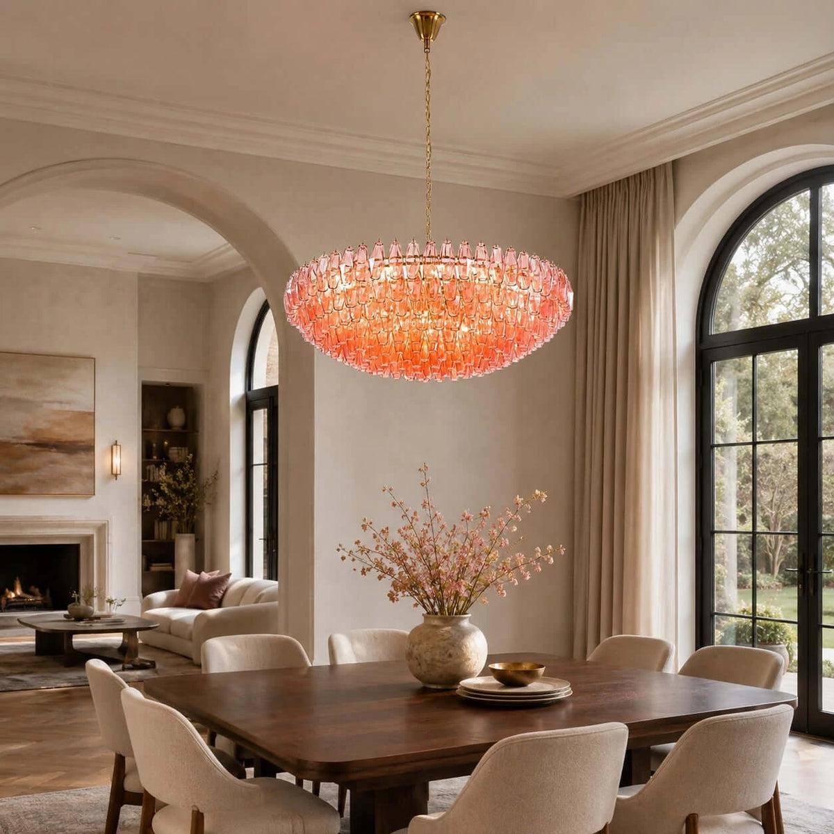 Modern Pink-Orange Faceted Glass Chandelier in Dining Area