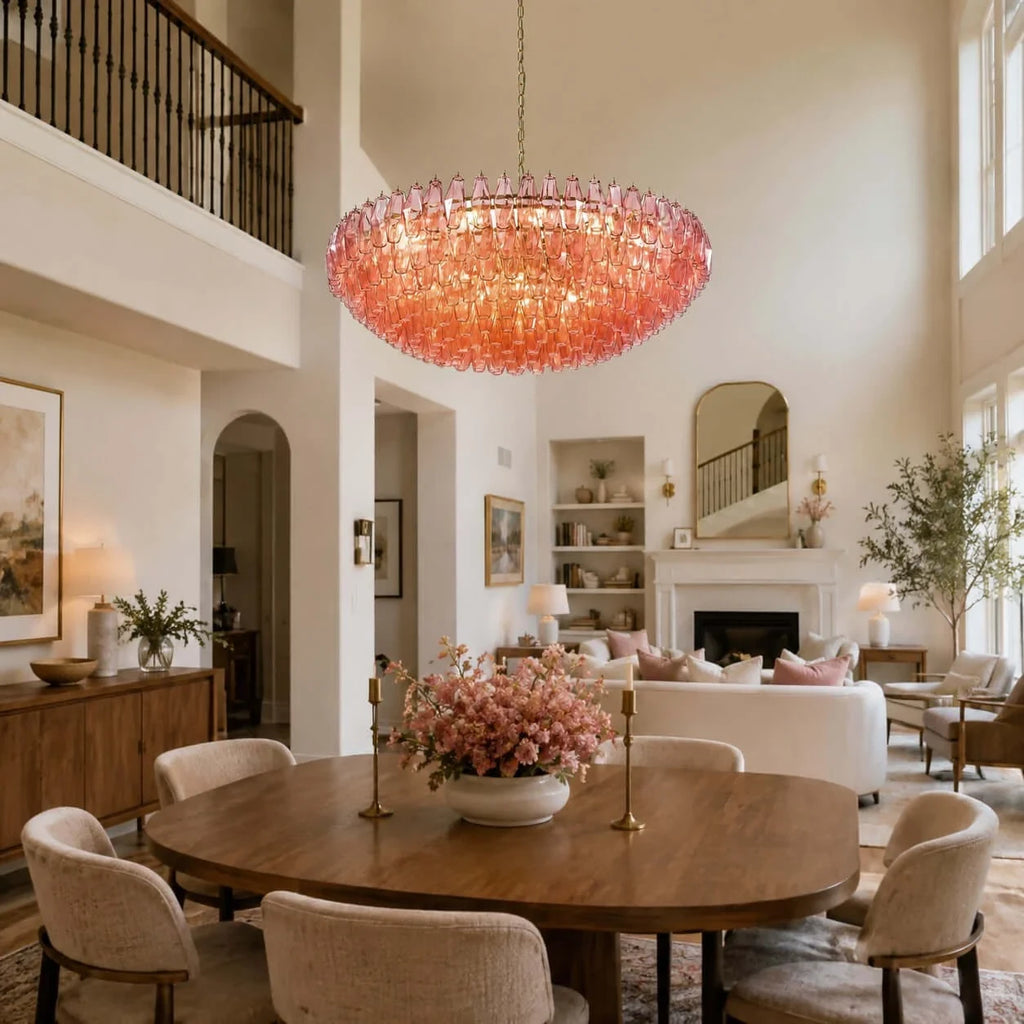 Modern Cascading Faceted Glass Chandelier Over Formal Dining Table