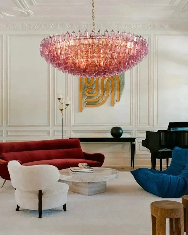 Modern Pink Gradient Art Glass Chandelier in Contemporary Living Room