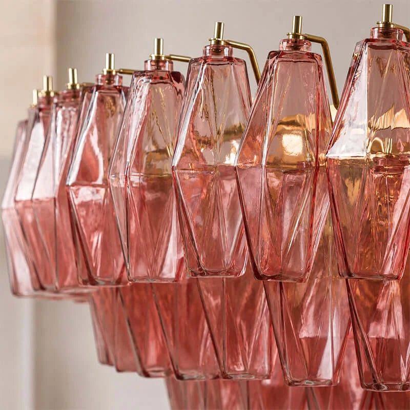 Illuminated Modern Cascading Pink-Orange Gradient Faceted Glass Chandelier Studio Shot