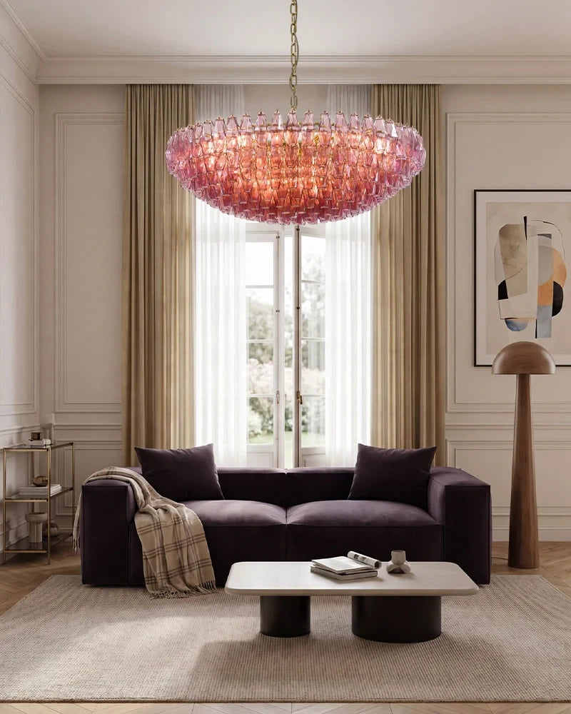 Modern Cascading Faceted Glass Chandelier in Living Room