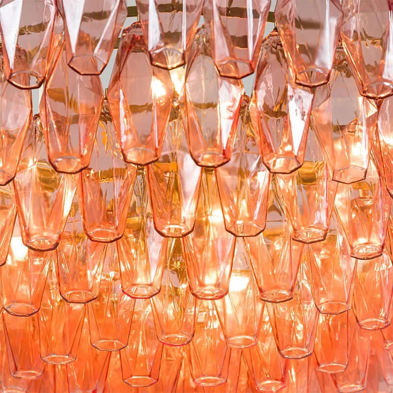 Bottom Up View of Illuminated Modern Pink-Orange Faceted Glass Chandelier