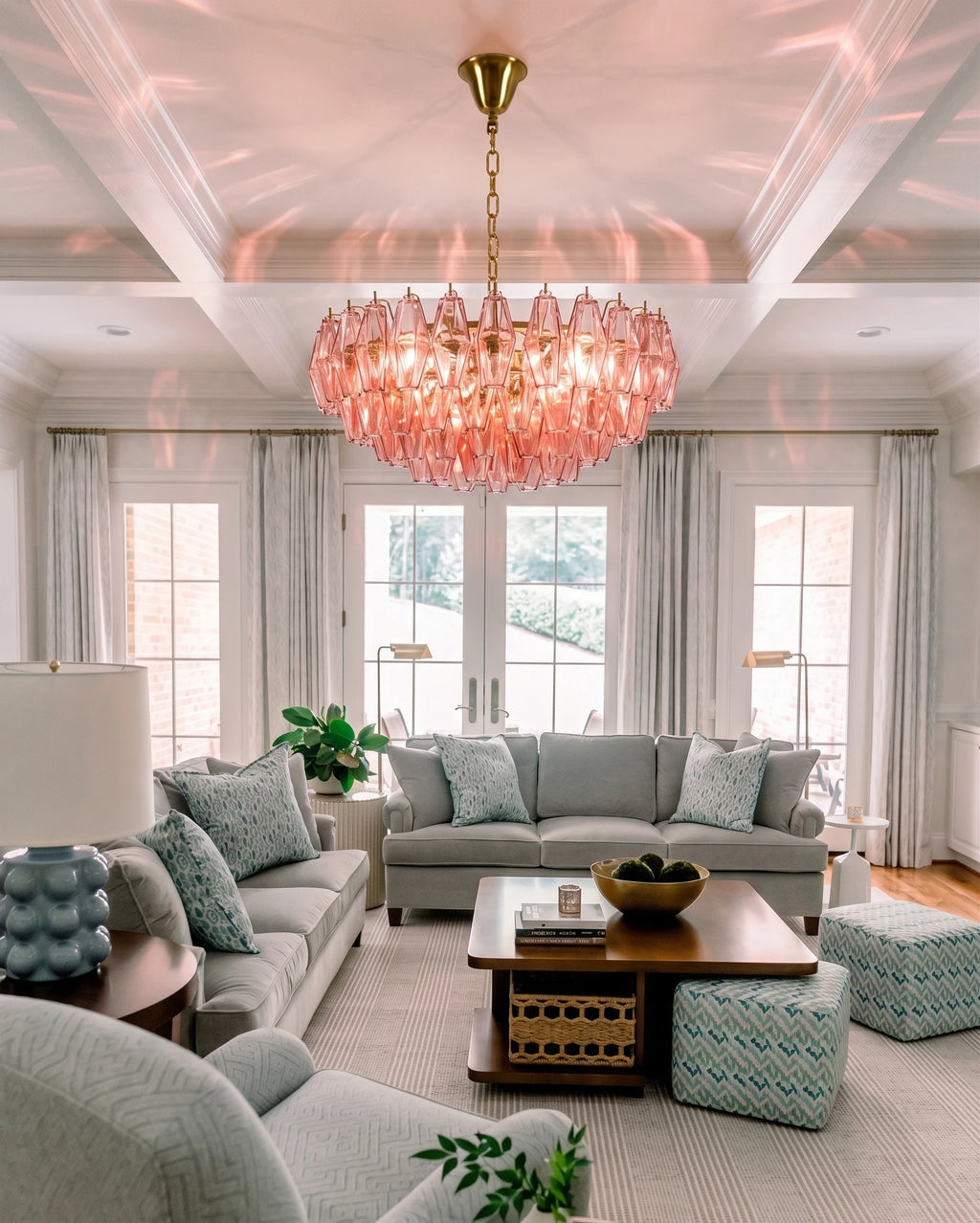 Modern Cascading Pink Gradient Art Glass Chandelier in Bright Living Room