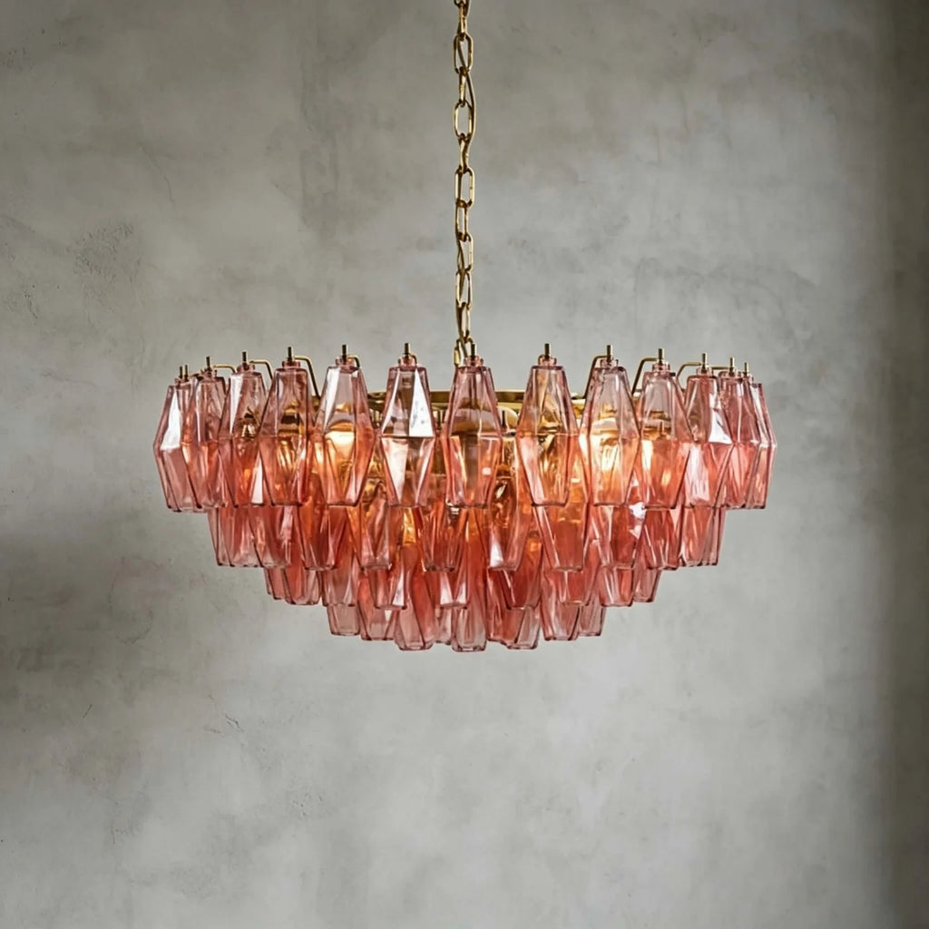 Studio Display of Illuminated Modern Cascading Faceted Glass Chandelier