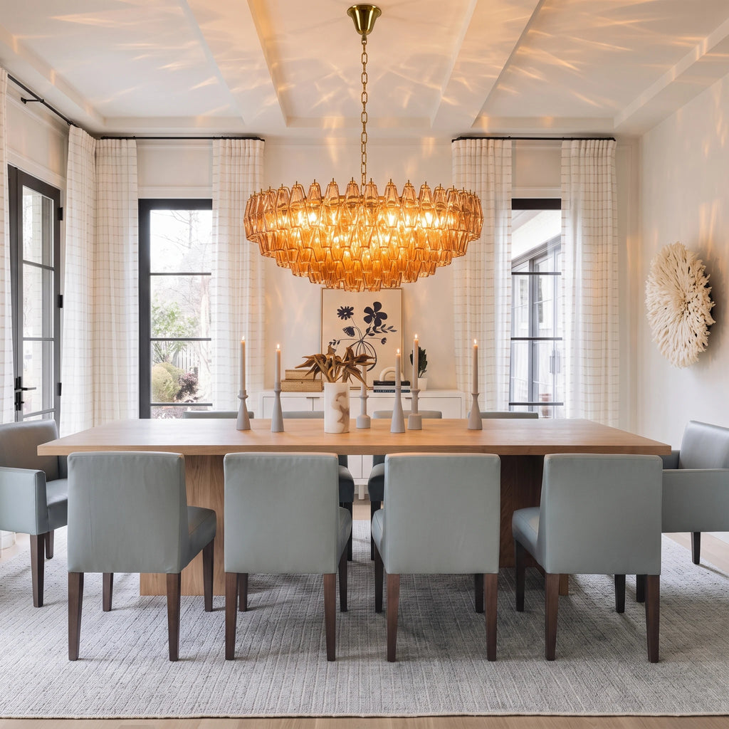 Modern Pink-Orange Faceted Art Glass Chandelier Over Dining Room Table