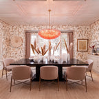 Modern Pink-Orange Art Glass Chandelier Over Dining Room Table