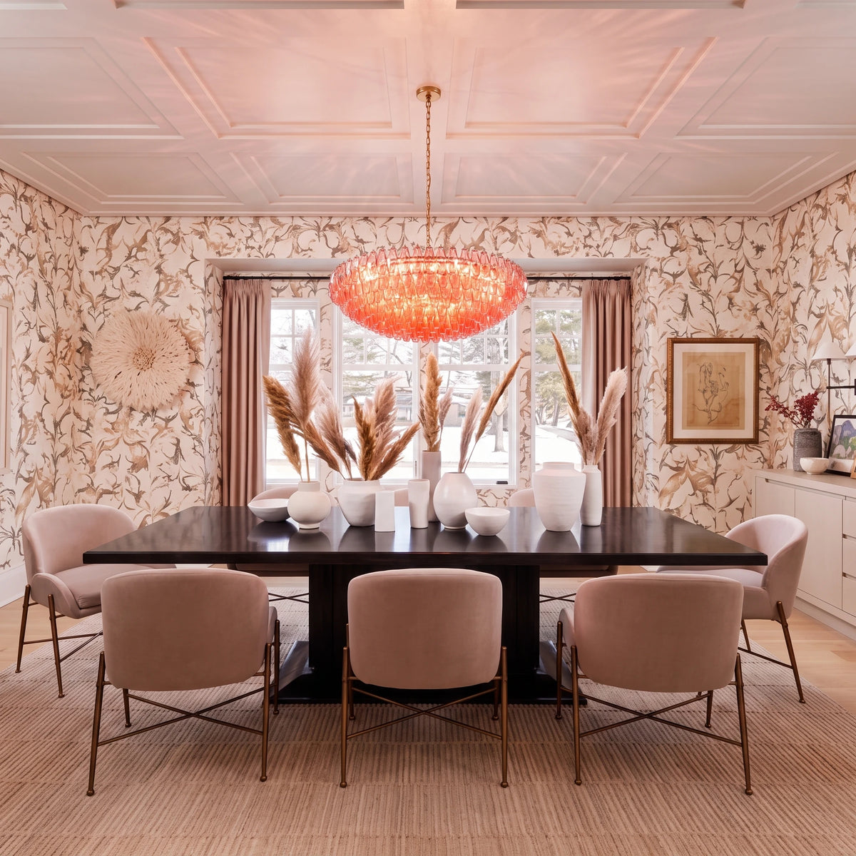 Modern Pink-Orange Art Glass Chandelier Over Dining Room Table