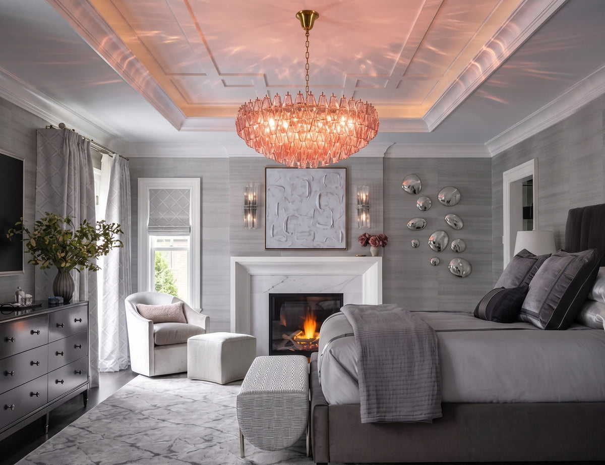 Modern Cascading Art Glass Chandelier in Master Bedroom Setting