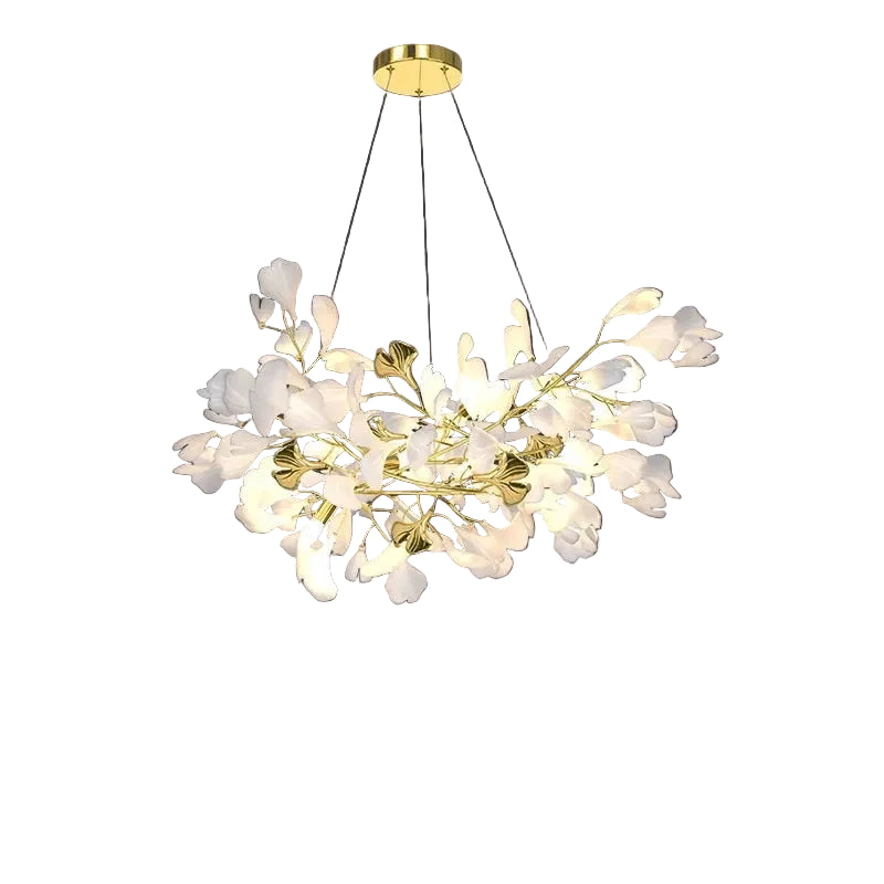 Modern Round Gold Branch and White Ginkgo Leaf Chandelier on Pure Dark Background