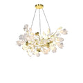 Modern Round Gold Branch and White Ginkgo Leaf Chandelier on Pure Dark Background