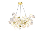 Modern Round Gold Branch and White Ginkgo Leaf Chandelier on Pure Dark Background