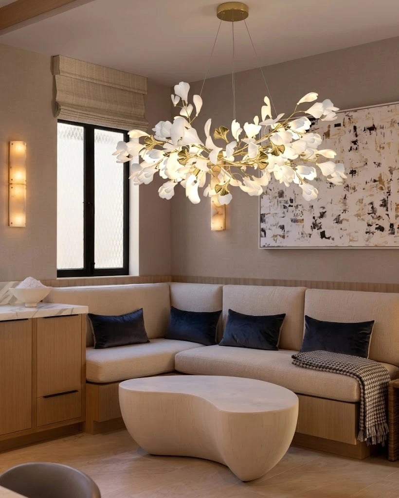 Modern Round Ginkgo Leaf Chandelier in Living Room Interior