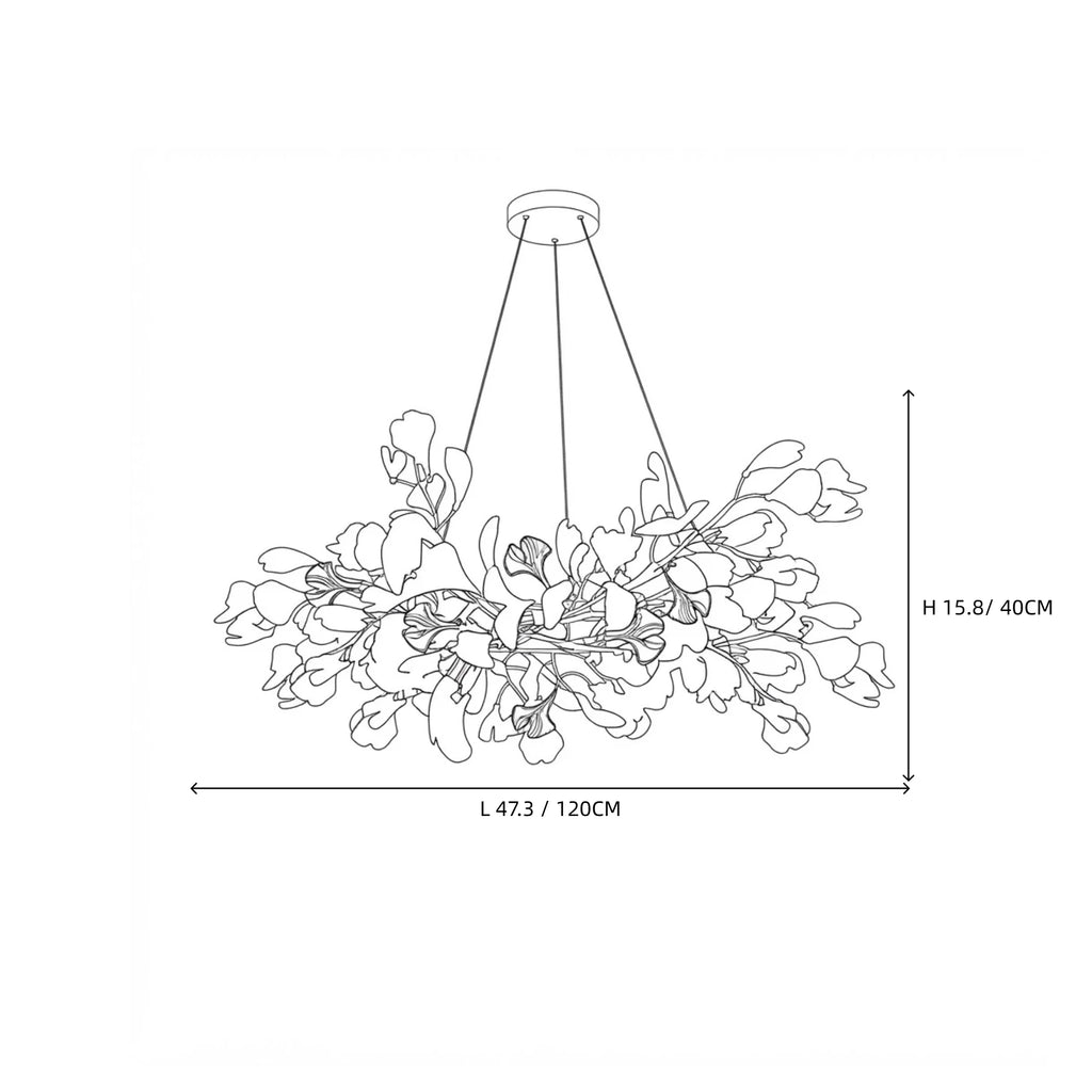 Modern Round Gold Branch and Ginkgo Leaf Chandelier Line Art Dimension Diagram