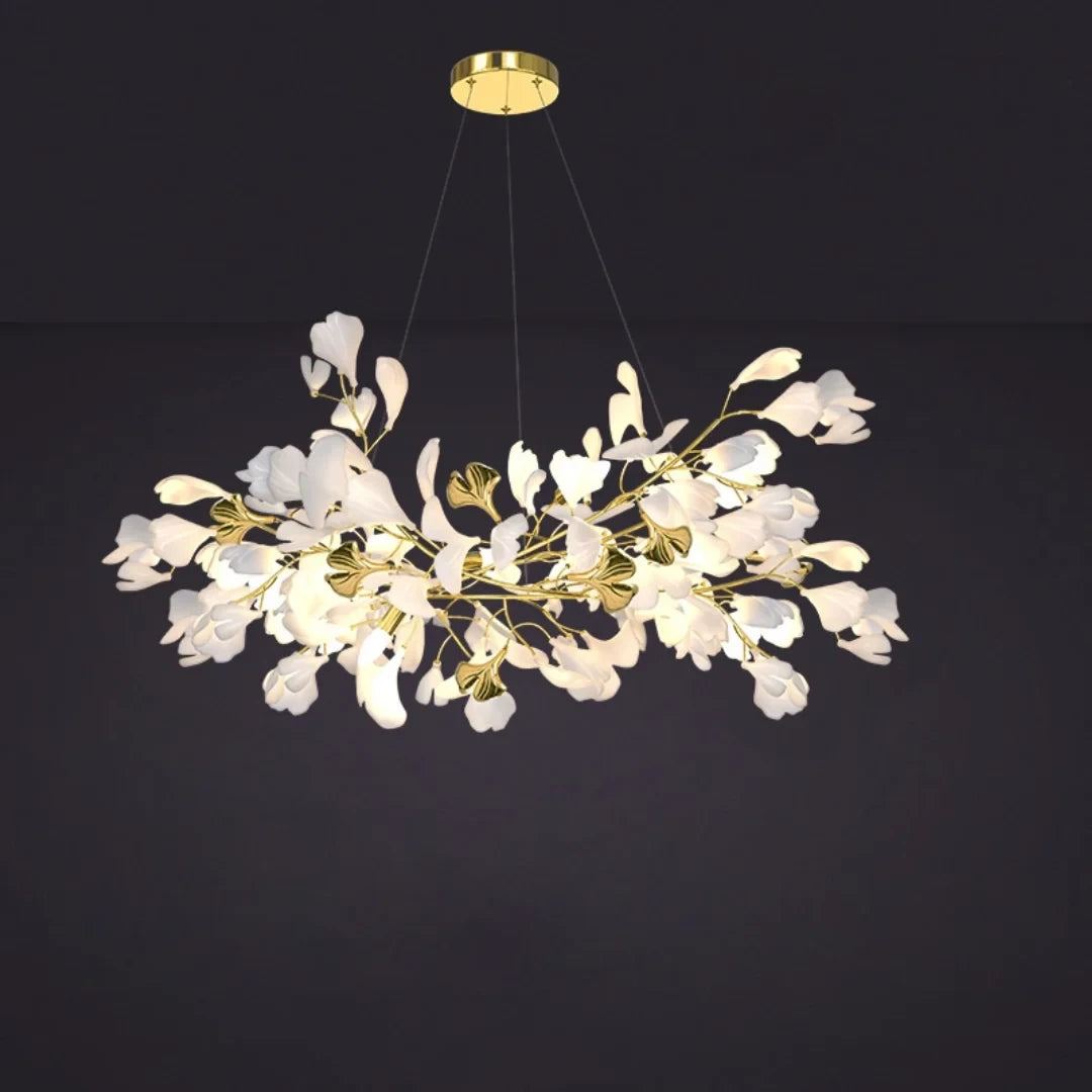 Angled View of Illuminated Modern Round Ginkgo Leaf Chandelier