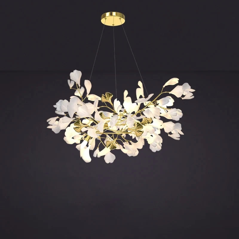 Bottom Up View of Illuminated Modern Round Gold Branch Chandelier