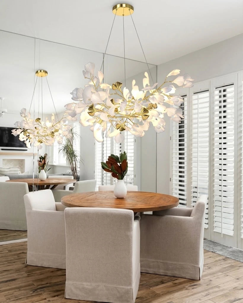 Modern Ginkgo Leaf Chandelier Over Round Dining Table