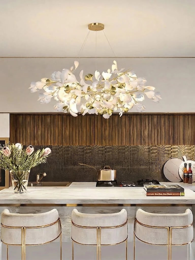 Modern Ginkgo Leaf Chandelier Over Kitchen Island