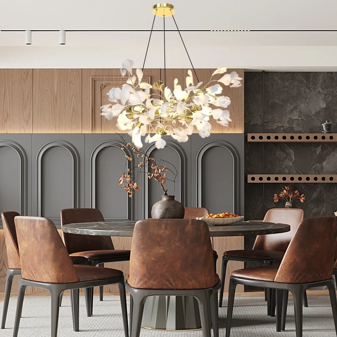 Modern Round Ginkgo Leaf Chandelier Over Dining Table