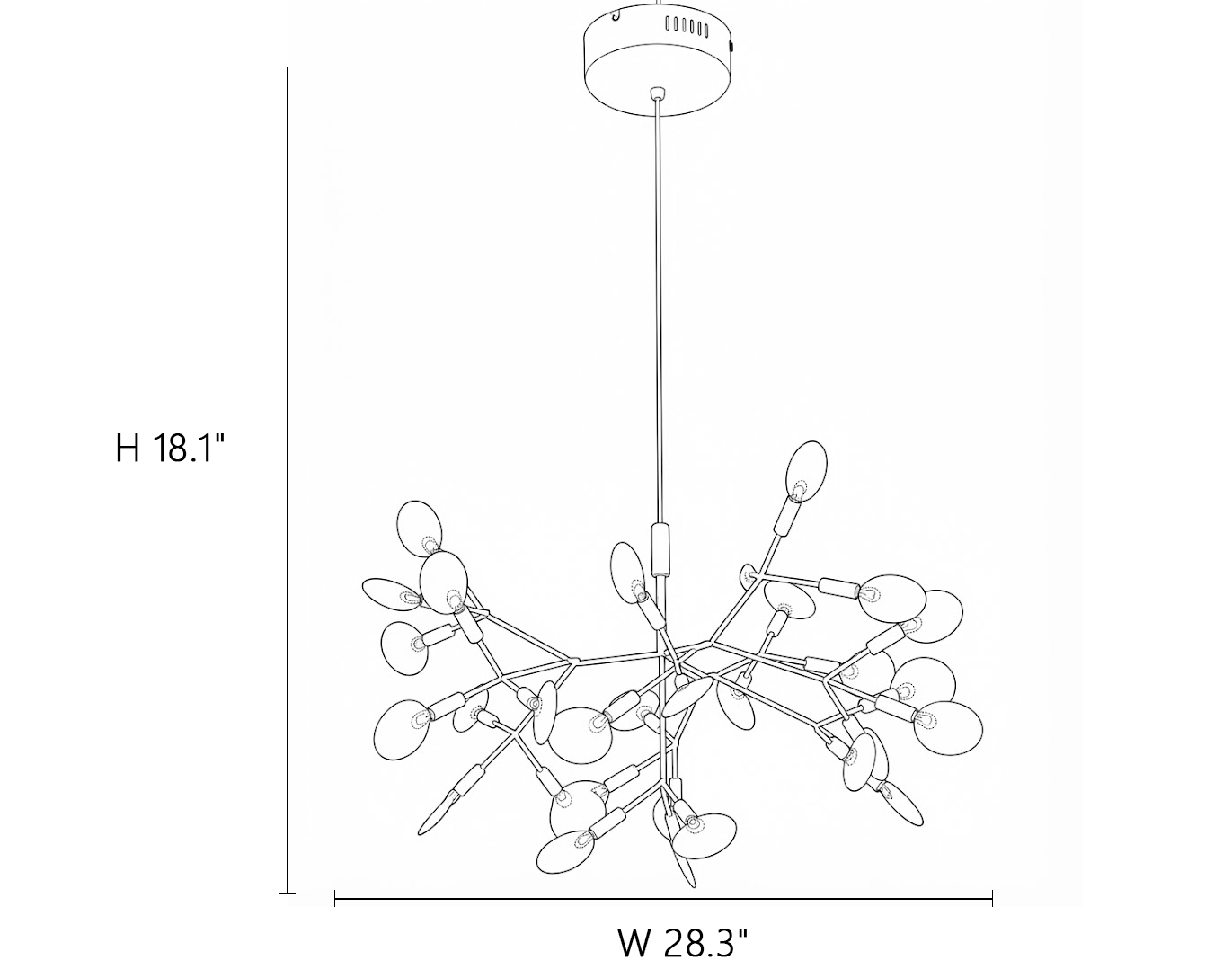 Branching Firefly Chandelier Style C Line Art Dimension Diagram