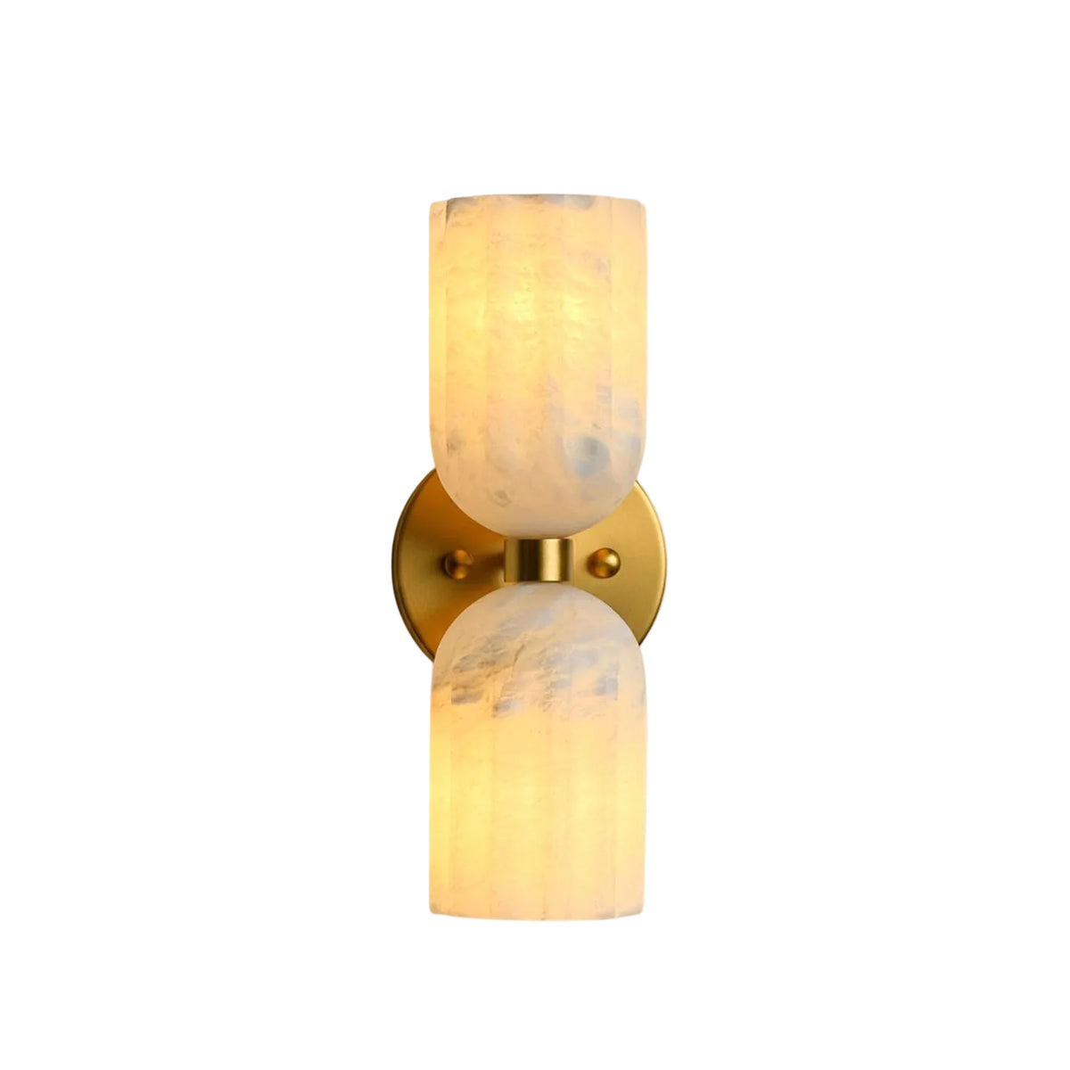 Modern Double Alabaster Cylinder Wall Sconce with Brass Hardware on Pure White Background