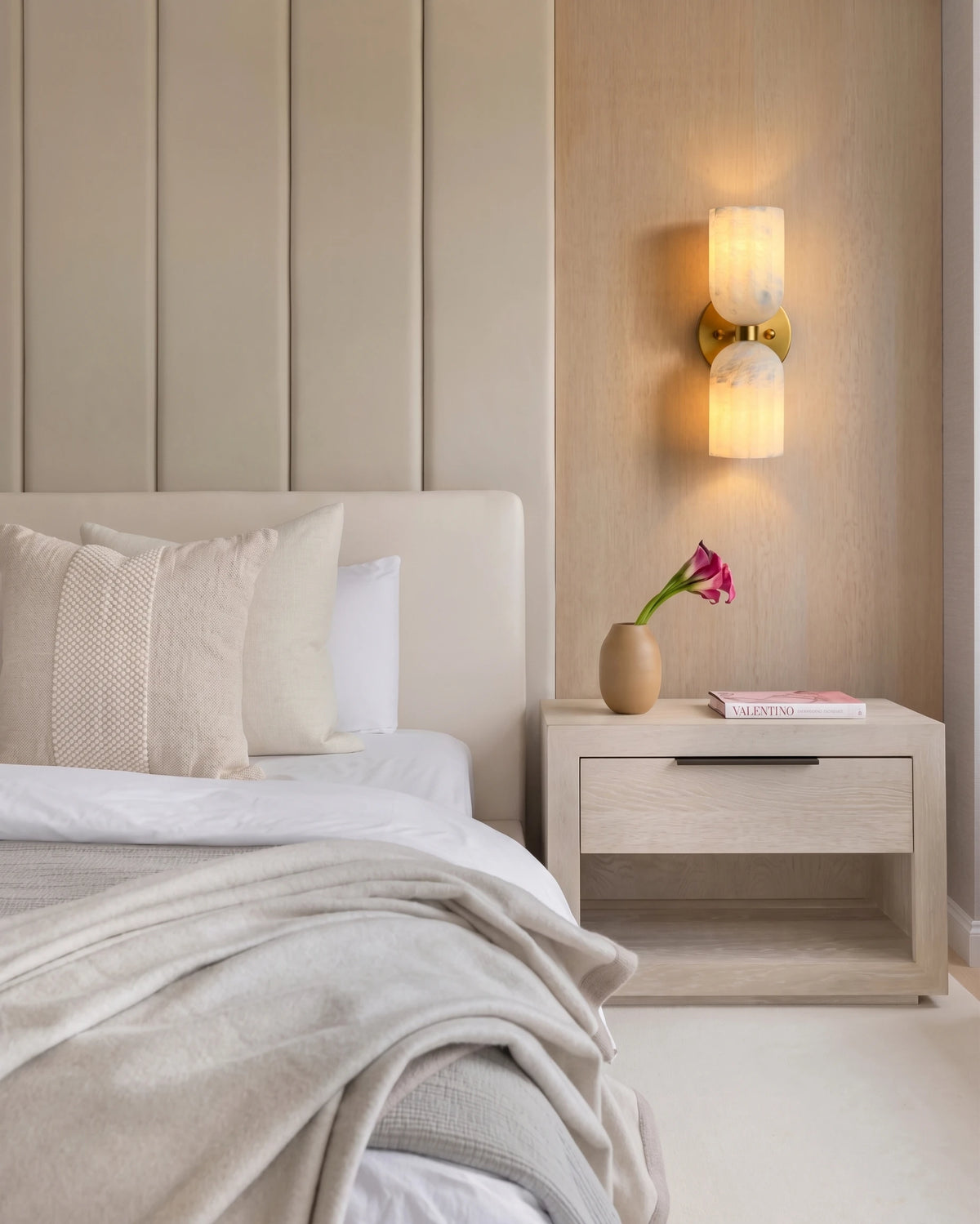 Modern Double Alabaster Wall Sconce in Master Bedroom Setting