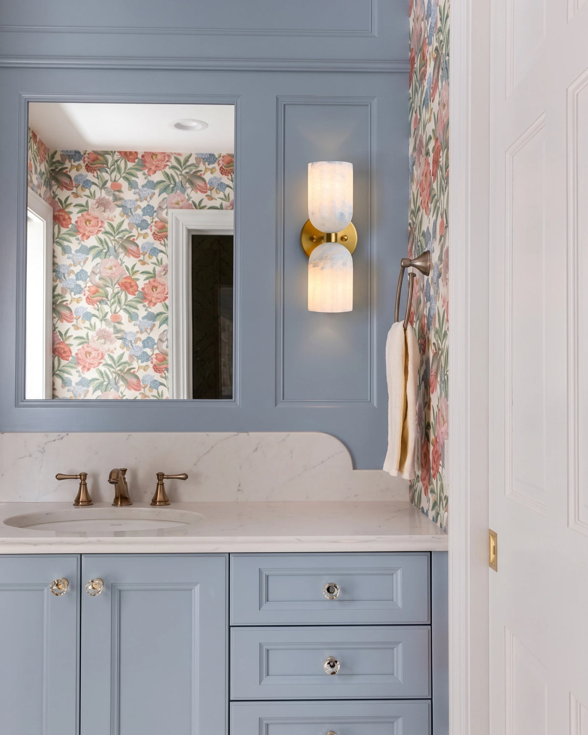 Modern Double Alabaster Wall Sconce in Luxury Bathroom Setting