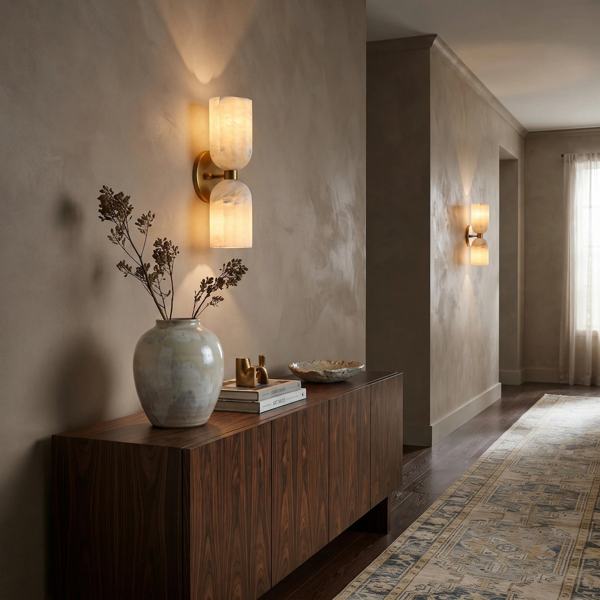 Modern Double Alabaster Wall Sconce in Hallway Setting