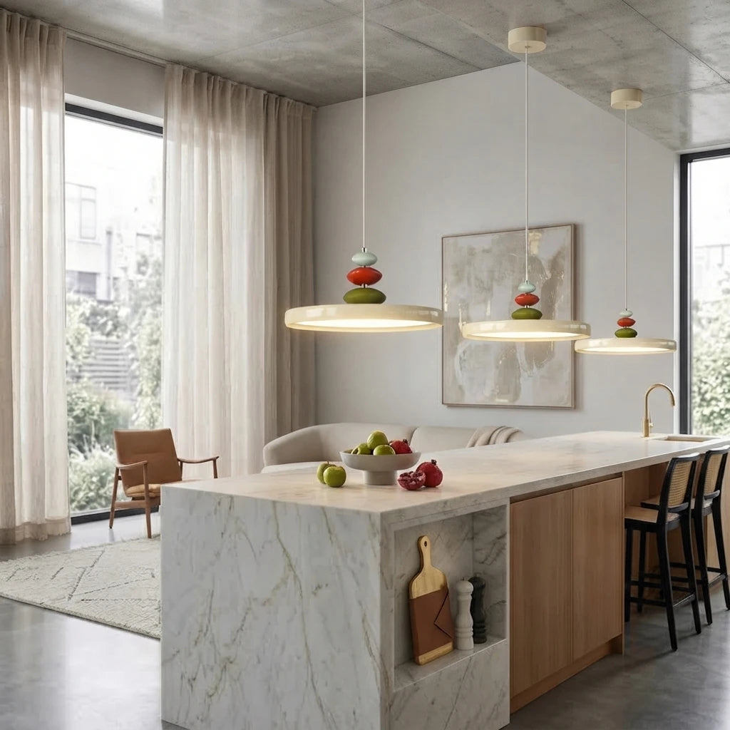Modern Ceramic Disc Pendant Lights Over Large Kitchen Island
