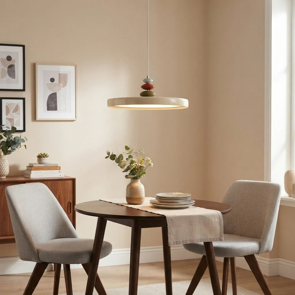 Modern Ceramic Disc Pendant Light Over Small Dining Table