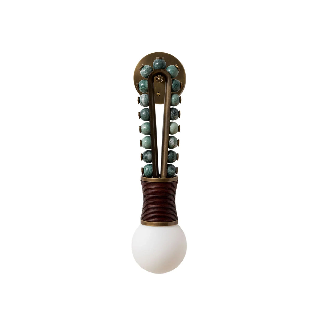 Modern Brass, Green Beads and Leather Art Wall Sconce with Frosted Globe Bulb on Pure White Background