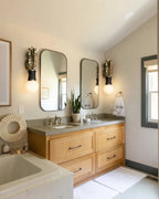 Pair of Modern Brass and Green Bead Wall Sconses Over Bathroom Vanity