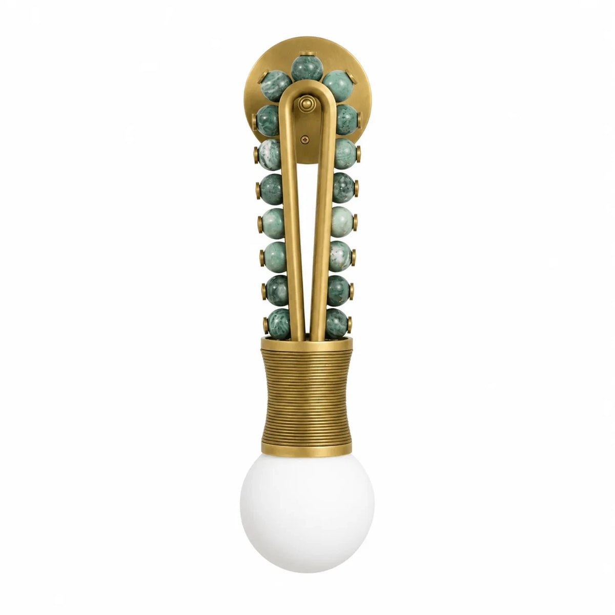 Illuminated Modern Brass, Green Bead and Leather Wall Sconce Studio Display