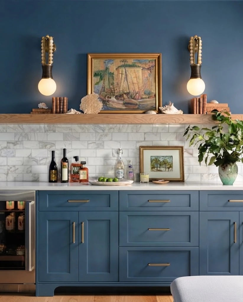 Modern Brass and Green Bead Wall Sconce in Kitchen Interior Setting