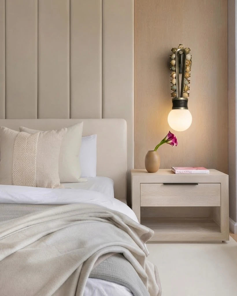 Modern Brass, Green Bead and Leather Wall Sconce in Bedroom Setting